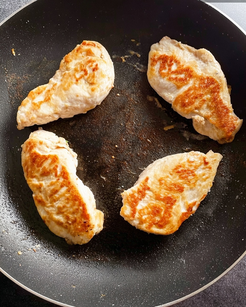 This image shows four pieces of lightly browned chicken cooking in a black frying pan. Each chicken piece has a pale white base with golden-brown patches on the top, showing they are being seared. The frying pan has a slightly textured surface with some small spots of cooked residue around the chicken. The chicken pieces are spaced out around the pan, sitting directly on the dark surface with no other ingredients visible. Photo taken with an iphone --ar 4:5 --v 7