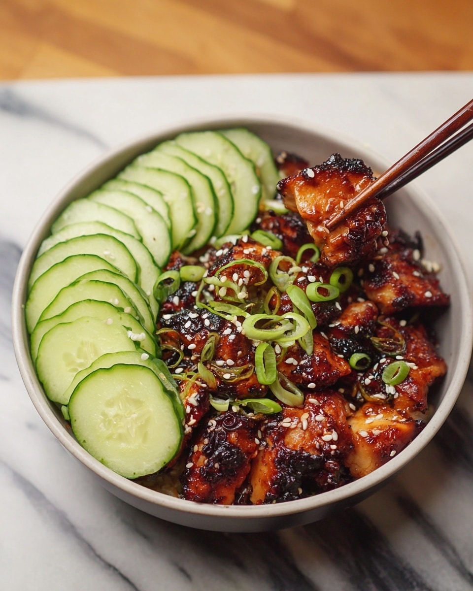 A black bowl filled with two main layers: the bottom layer is a bed of grilled chicken pieces with a reddish-brown glaze, sprinkled with white sesame seeds and thin green onion slices; the top layer on one side shows a neat row of thinly sliced bright green cucumber rounds, creating a fresh contrast. A pair of black chopsticks holds up a piece of glazed chicken garnished with sesame seeds and green onion, hovering above the bowl. The bowl sits on a white marbled surface. photo taken with an iphone --ar 4:5 --v 7