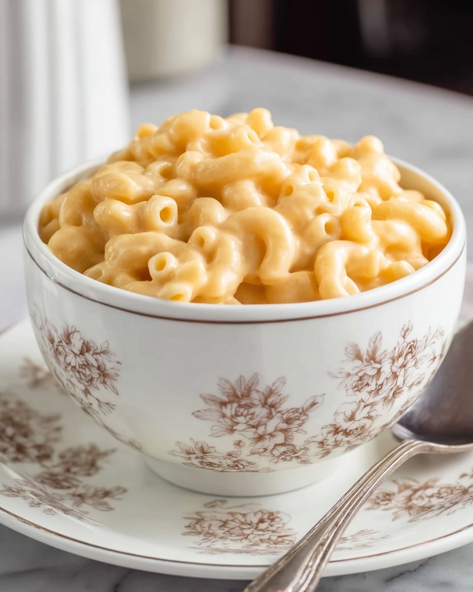 A close-up view of a white bowl with floral patterns filled with yellow creamy macaroni and cheese made of elbow pasta covered in smooth cheese sauce. The bowl sits on a matching white plate with similar floral designs, placed on a white marbled surface. A shiny silver spoon is placed on the right side of the plate, slightly under the bowl. The background has soft neutral tones with blurred elements. photo taken with an iphone --ar 4:5 --v 7