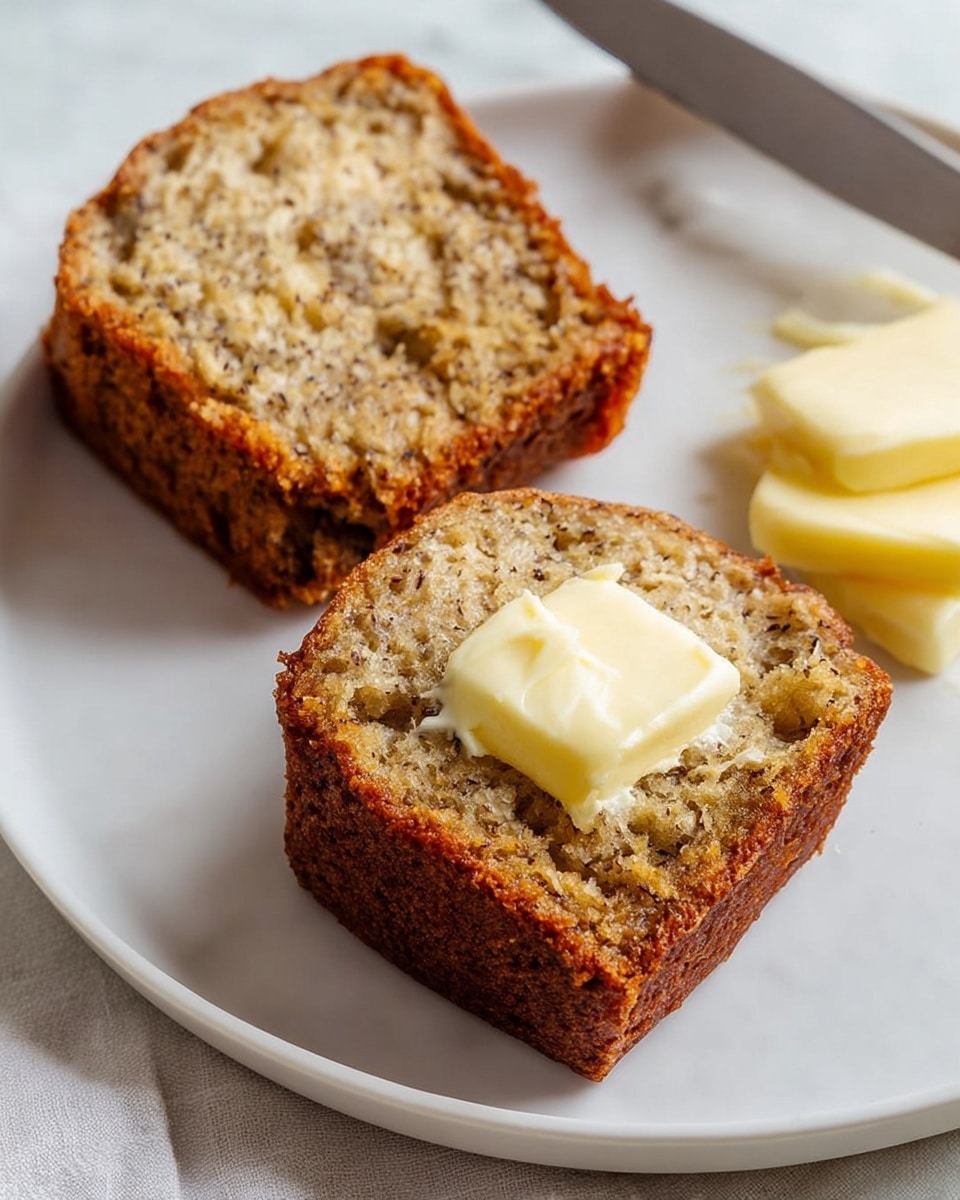 Two pieces of moist banana bread sit on a white plate with a white marbled surface underneath. The bread has a rough, textured golden-brown crust and a soft, light brown inside speckled with darker banana bits. One piece lies flat with its inside facing upwards, while the other piece stands with a square, pale yellow pat of butter melting slowly on top. To the side, several thin butter slices and a butter knife rest on the plate. The overall look is warm and inviting, with natural light highlighting the bread's crumbly texture. Photo taken with an iphone --ar 4:5 --v 7