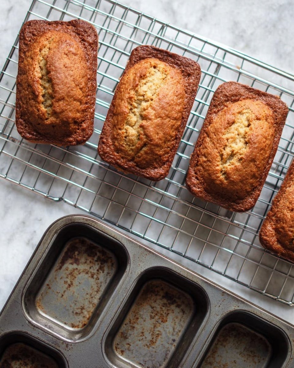The image shows four small, golden-brown baked loaves resting on a silver cooling rack above a white marbled surface. The loaves have a rough, textured top with a slightly darker crust around the edges, suggesting a crispy outside. Next to them is an empty dark metal baking tray with four rectangular molds, each showing signs of use with browned spots. No other objects or layers are visible in the image. Photo taken with an iphone --ar 4:5 --v 7