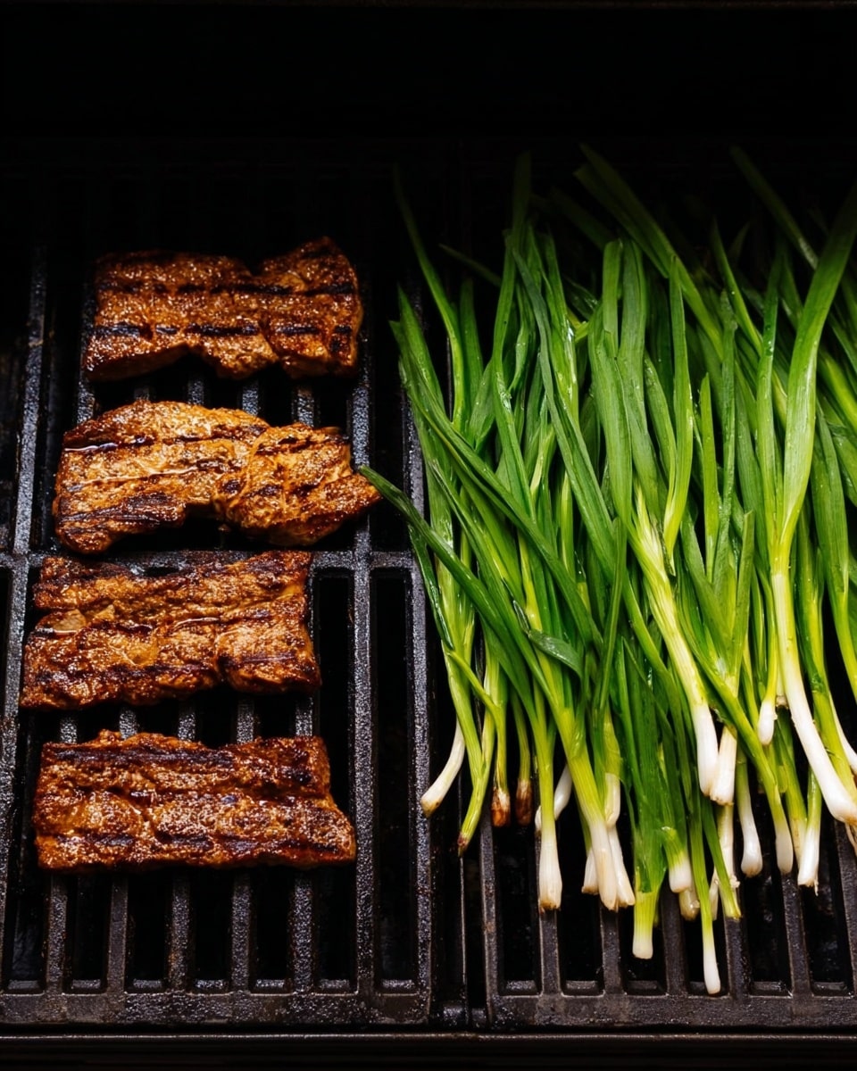 On a grill with dark metal bars, there are four pieces of golden brown seasoned grilled meat arranged on the left side, each showing grill marks and a slightly crispy texture. On the right side, there is a thick layer of bright green onions, laid out in neat rows with their white roots facing right and vibrant green tops facing left. The grill surface is black and contrasts with the rich colors of the cooked meat and fresh green onions. photo taken with an iphone --ar 4:5 --v 7