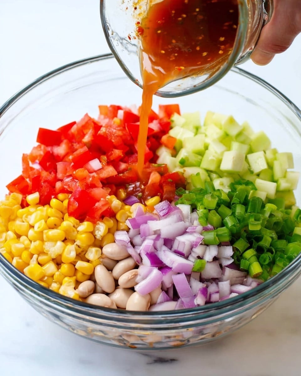 A clear glass bowl sits on a white marbled surface filled with six distinct layers of fresh ingredients: bright red chopped tomatoes at the top left, pale yellow diced cucumbers at the top right, light purple chopped red onions at the middle right, vibrant green chopped green onions at the middle center, soft yellow corn kernels at the bottom left, and white beans with dark spots at the bottom center. Above the bowl, a woman's hand is pouring a reddish-brown liquid dressing into the bowl from a small clear glass container. The overall scene is bright and colorful with a clean, fresh look photo taken with an iphone --ar 4:5 --v 7
