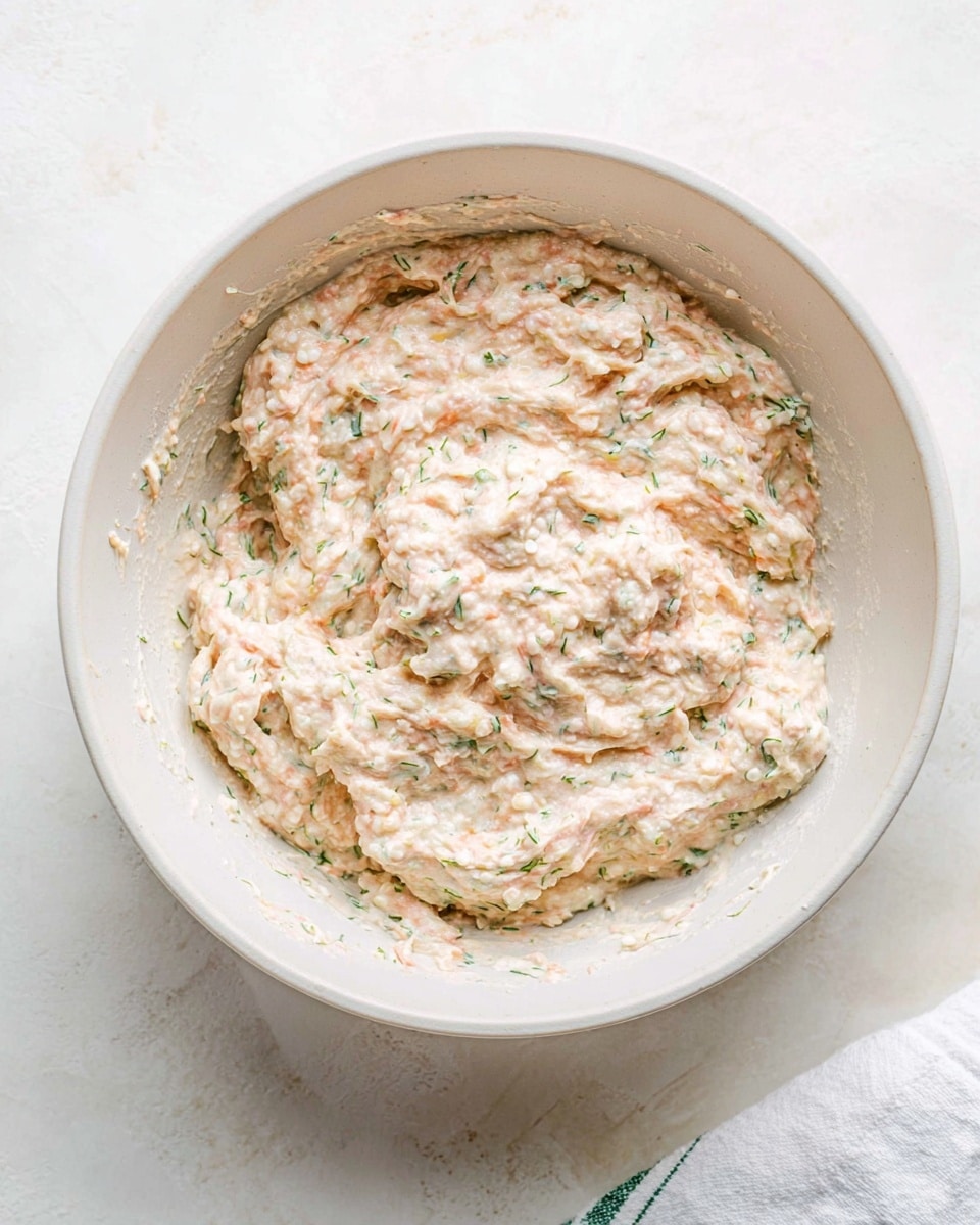 The image shows a white bowl filled with a thick mixture that appears creamy and textured, with small white grains and green bits spread throughout. The mixture is mostly light pinkish-beige with specks of green, suggesting herbs or vegetables mixed in. The bowl sits on a white marbled surface, giving a clean and simple background. A white cloth with a small green stripe is partially visible at the bottom right corner. Photo taken with an iphone --ar 4:5 --v 7