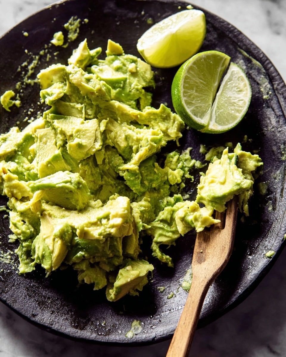 A close-up view of a rustic black plate filled with roughly mashed bright green avocado pieces, some chunks still intact showing a creamy texture. On the top right side of the plate, there is a fresh lime wedge with light green flesh and a slightly rough outer peel resting among the avocado. A small wooden fork lies diagonally across the plate, partially covered with avocado. Two lime wedges with light green flesh are placed nearby on a dark surface, all set against a white marbled background. photo taken with an iphone --ar 4:5 --v 7