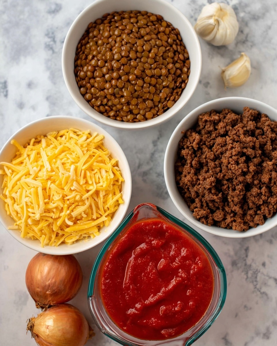 The image shows four white bowls and a clear glass measuring cup arranged on a white marbled surface. One white bowl at the top contains cooked brown lentils with a soft, slightly wet texture. To the right, another white bowl holds crumbled, cooked ground beef that is dark brown and dry in look. Below that, a white bowl is filled with shredded yellow cheese with fine, thin strands. In the center, a clear glass measuring cup is full of thick, bright red tomato sauce with a smooth texture. At the bottom left corner, there are two whole brown onions and two cloves of garlic with papery skin. Photo taken with an iphone --ar 4:5 --v 7