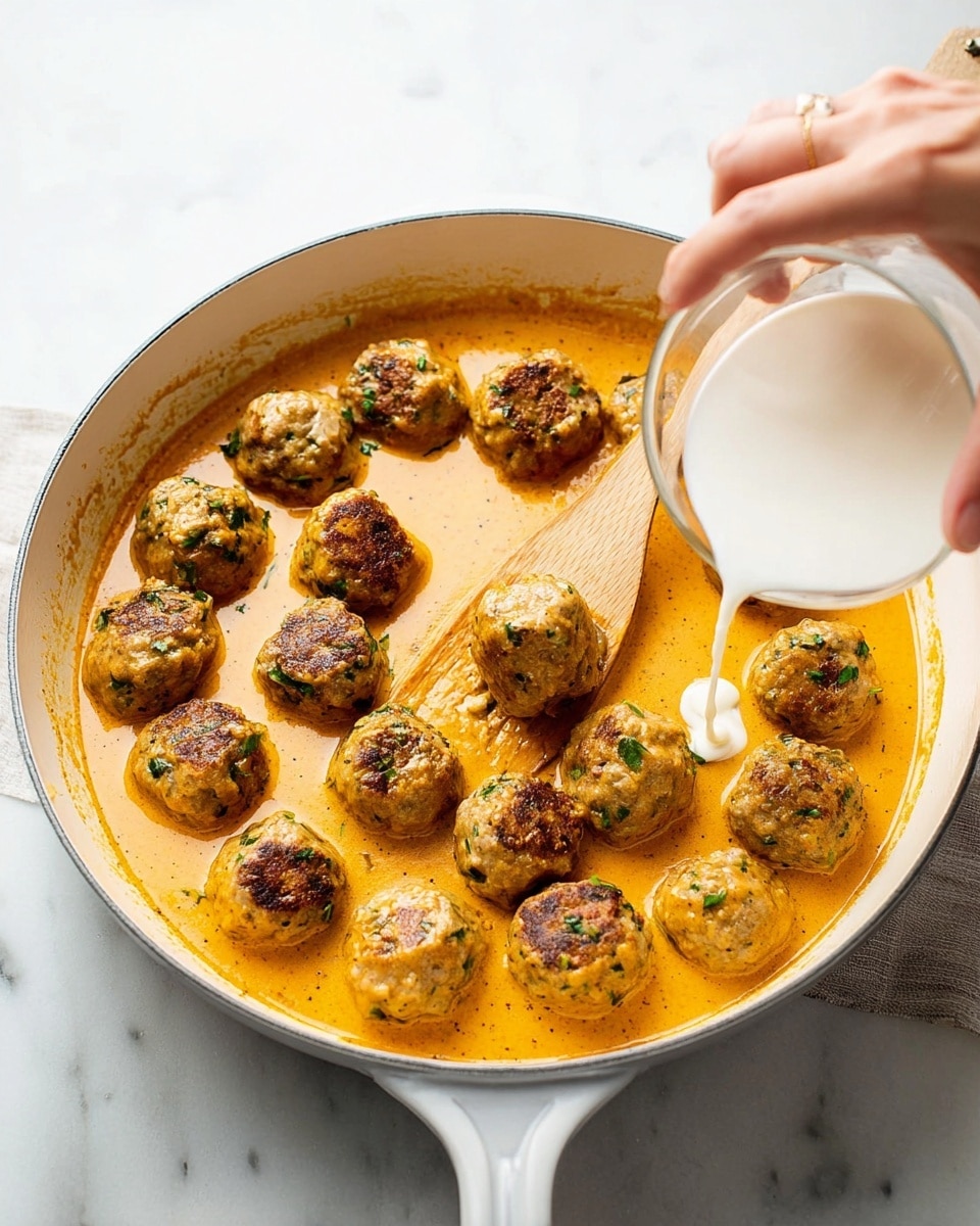A white pan holds about sixteen meatballs cooked to a golden brown with bits of green herbs inside. The meatballs float in a thick orange sauce that covers the pan's bottom. A wooden spatula rests inside the pan, touching some meatballs. A woman's hand on the right side is pouring a white liquid from a clear glass into the sauce. The pan sits on a white marbled surface. photo taken with an iphone --ar 4:5 --v 7