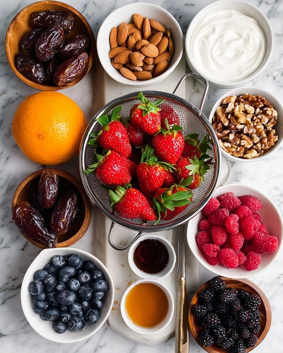 The image shows a top view of several small white bowls and a colander on a white marbled surface, each holding different fresh ingredients. At the center is a metal colander filled with bright red strawberries with green leaves. Surrounding it are bowls with various nuts like brown almonds and light brown walnuts, a bowl of dark brown dates, a bowl of dark blue blueberries in a wooden bowl, a white bowl of red raspberries, and a dark bowl of shiny blackberries. There's a white bowl filled with smooth white cream, a whole orange fruit, and two small white bowls containing dark syrup and honey. All the items are brightly lit, showing rich color and texture, photo taken with an iphone --ar 4:5 --v 7