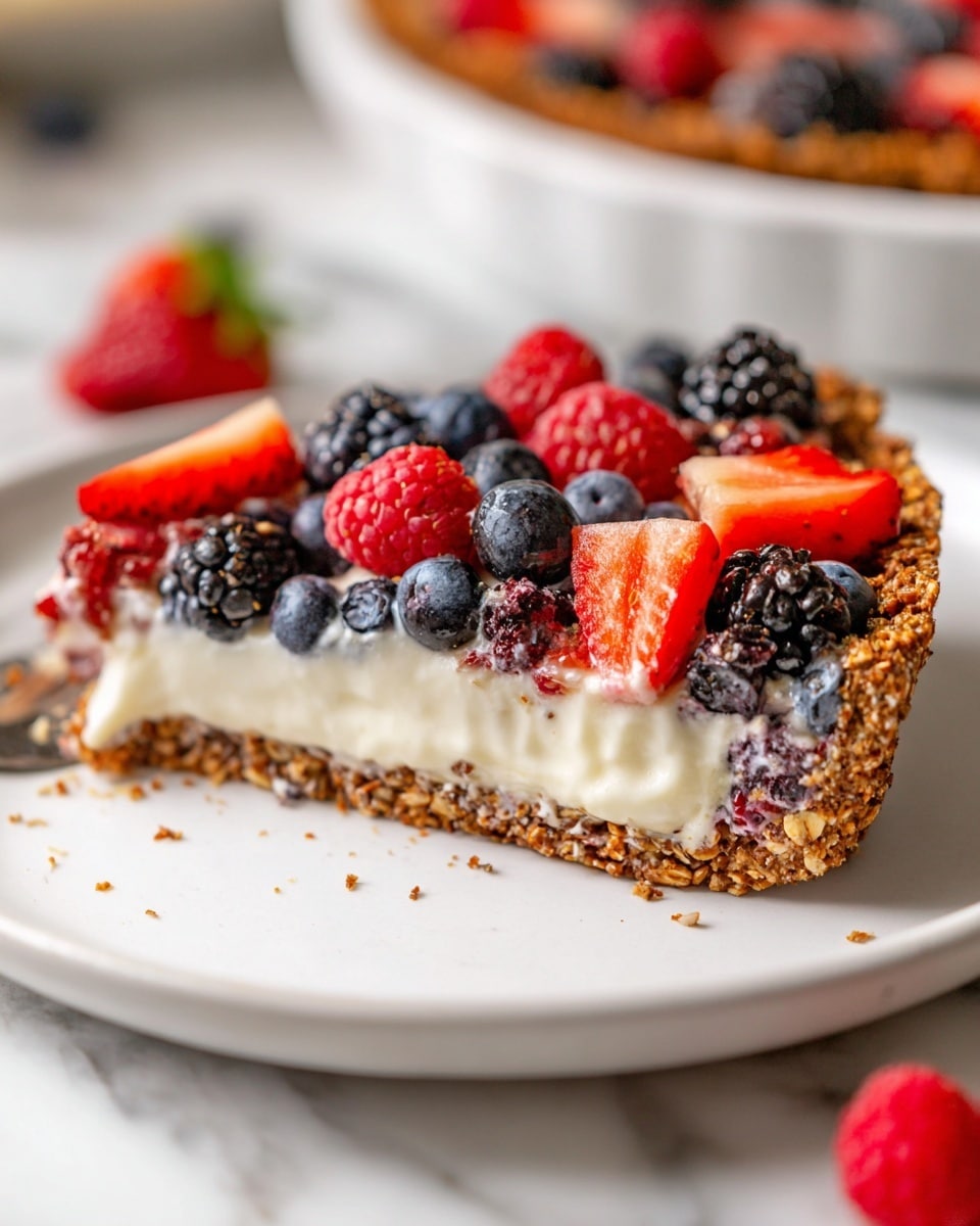 A close-up view of a slice taken from a berry tart placed on a white pie dish sitting on a white marbled surface. The tart has three layers: a thick, coarse brown crust made from crushed nuts and oats forms the base; above it is a smooth, creamy white filling slightly melting at the edges; the top layer is a colorful mix of fresh berries including dark blackberries, red raspberries, blueberries, and sliced bright red strawberries spread evenly across the cream. A few more berries can be seen blurred in the background. Photo taken with an iphone --ar 4:5 --v 7