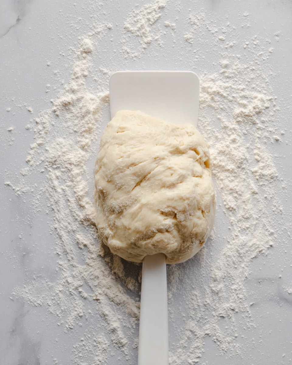 A close-up view of a soft, uneven dough ball resting on a flat surface dusted with scattered white flour. The dough has a light cream color with a slightly rough texture. A white spatula lies flat on top of the dough, with its handle pointing downwards and the broad spatula head touching the dough, showing smooth, clean surfaces. The background is a white marbled texture, adding subtle contrast to the scene. photo taken with an iphone --ar 4:5 --v 7