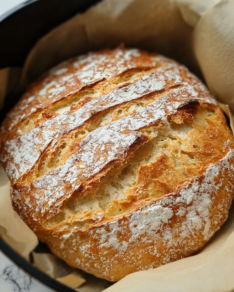 A golden brown loaf of bread with a rough texture sits on white cooking paper inside a black pan. The bread has five deep, uneven cuts on top, with a dusting of white flour spread lightly across the crust. The crust shows a mix of light golden and darker brown areas, creating a crispy appearance. The background is a white marbled surface. photo taken with an iphone --ar 4:5 --v 7