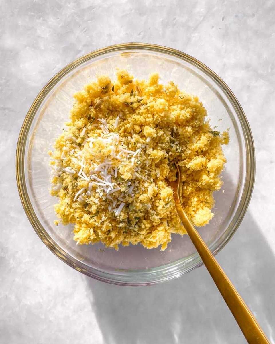 A clear glass bowl filled mostly with yellow crumbly pieces mixed with shredded white flakes and some green bits underneath, seen from above on a white marbled surface. A long, slender golden spoon rests inside the bowl, its tip touching the crumbs near the edge. The light is bright, casting soft shadows around the bowl and spoon. photo taken with an iphone --ar 4:5 --v 7