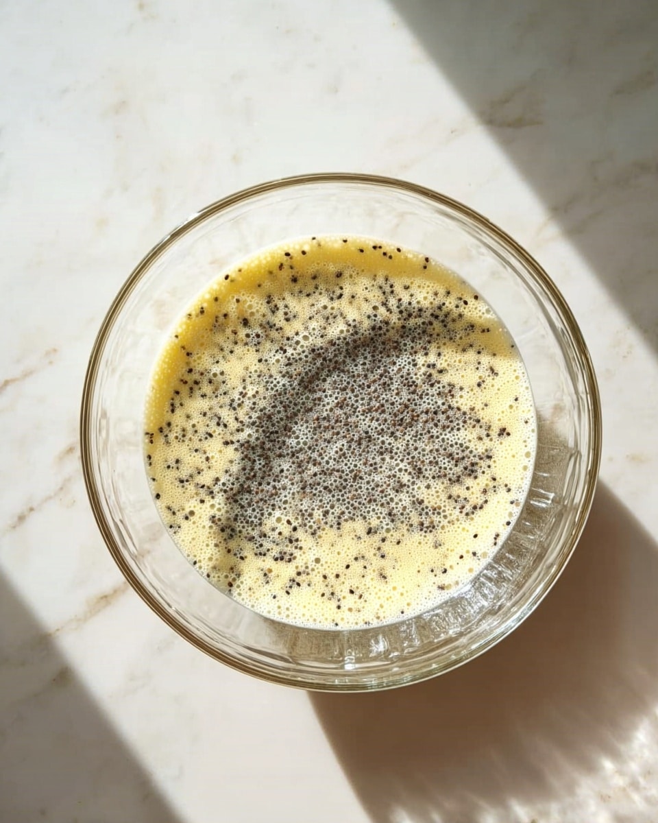 A clear glass bowl filled with a creamy yellow mixture speckled with many small black seeds on the top layer. The mixture inside the bowl has a slightly frothy texture around the edges. The bowl sits on a white marbled surface with natural light casting soft shadows around it. Photo taken with an iphone --ar 4:5 --v 7