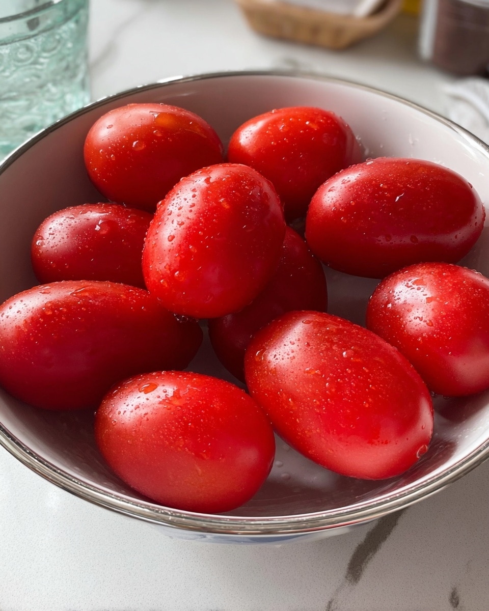 A bowl filled with ten shiny red oval tomatoes, each with small water droplets on their smooth skins, resting closely together inside a white bowl with a silver rim. The bowl sits on a white marbled surface, and part of a glass and kitchen items are blurred in the background. The tomatoes have a fresh look, and the lighting shows slight reflections on their surfaces. photo taken with an iphone --ar 4:5 --v 7
