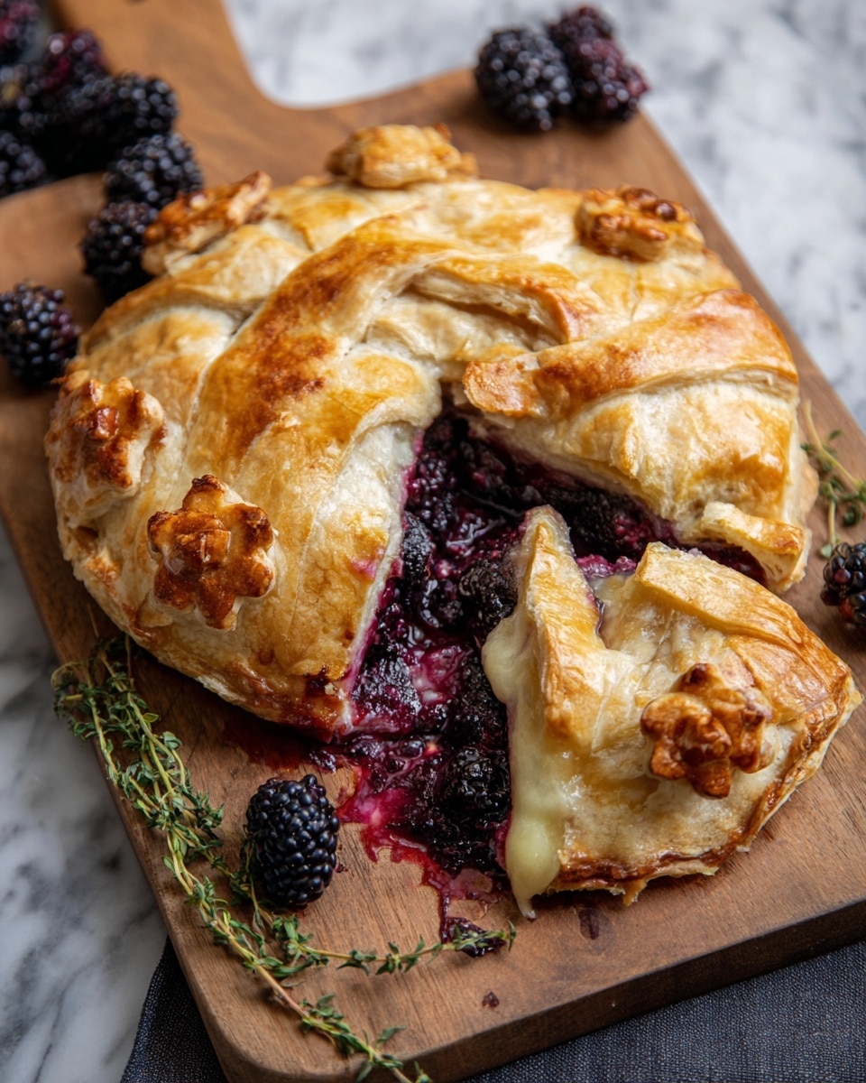 The image shows a round, golden brown pie with a thick, flaky crust on a wooden board. The crust has decorative braided and flower-shaped edges on top. One slice is taken out, revealing layers inside: a deep purple-black layer of cooked blackberries and a creamy, light yellow melted cheese layer beneath. The pie filling looks juicy and slightly runny with shiny textures. Fresh blackberries and green herb sprigs are placed around the board. The background is a white marbled texture. photo taken with an iphone --ar 4:5 --v 7