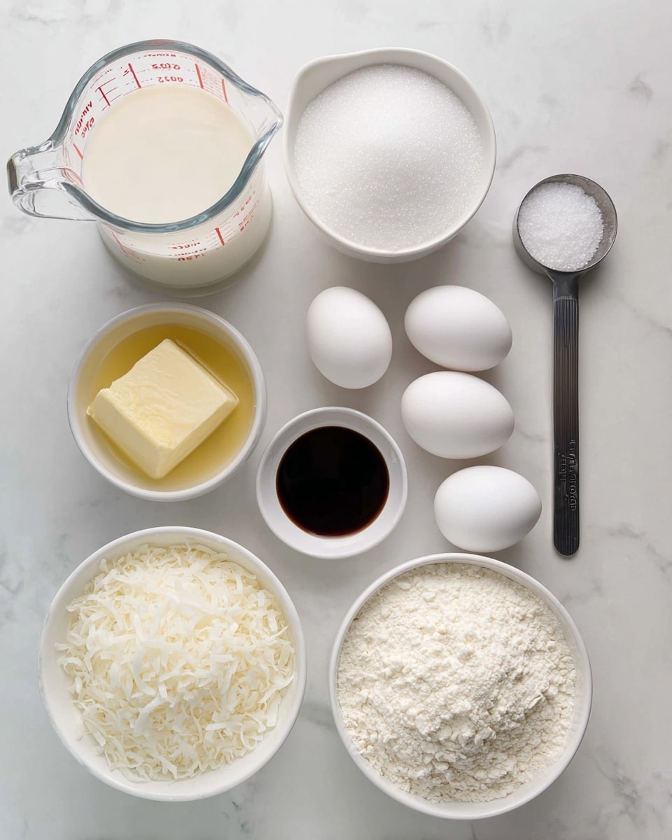 The image shows a flat top-down view of baking ingredients arranged on a white marbled surface. There are seven items: a clear measuring cup filled with milk on the left, a white bowl full of granulated sugar at the top center, four white eggs grouped to the right of the sugar, a small white bowl with melted butter below the sugar, a small white dish containing dark vanilla extract near the bottom right, a metal measuring spoon with white salt resting next to the vanilla, and a large white bowl filled with shredded coconut at the bottom left. Next to the coconut bowl, slightly to the right, there is another white bowl filled with flour. All items are spaced evenly and viewed clearly from above. photo taken with an iphone --ar 4:5 --v 7