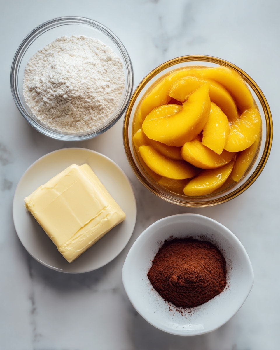 The image shows four glass and white dishes placed on a white marbled surface. The largest round glass bowl contains many bright yellow peach slices covered in syrup, filling the bowl almost to the top with a smooth liquid surface. A medium-sized round glass bowl is filled with white flour, finely textured with small clumps. A small round glass bowl holds a dark brown cinnamon powder evenly spread inside. A small white rectangular plate has a solid block of pale yellow butter, smooth on top with slight cracks. All items are arranged neatly with space between them, viewed from above. photo taken with an iphone --ar 4:5 --v 7