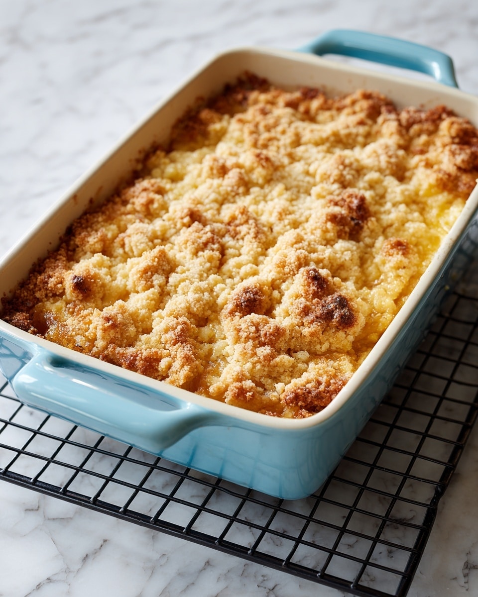 A light blue ceramic baking dish filled with a baked dessert that has a golden yellow crumbly topping with some darker browned spots scattered across it. The dish sits on a black cooling rack over a white marbled surface. The dessert appears to be thick and uneven on the top, showing a textured, slightly rough crust layer covering the filling inside. Photo taken with an iphone --ar 4:5 --v 7