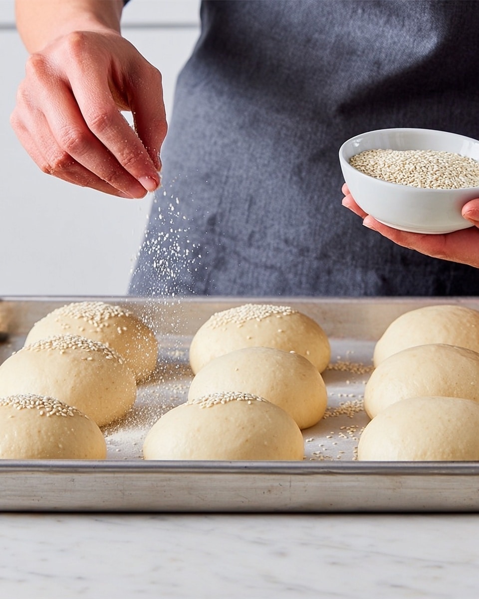 The image shows a close-up of eight smooth, round dough balls placed evenly on a metal tray. A woman's hand is sprinkling white sesame seeds carefully over one dough ball, while the other woman’s hand holds a small white bowl filled with more sesame seeds. The dough is pale beige, soft, and slightly shiny, and the metal tray is silver and cool looking. The background is a white marbled texture, and the person wearing a grey apron offers a clean and simple scene. photo taken with an iphone --ar 4:5 --v 7
