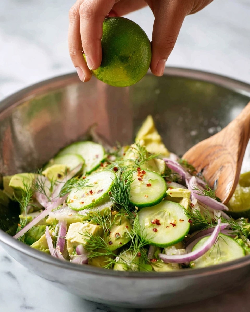 A close-up image shows a woman's hand squeezing half a green lime over a large silver bowl filled with a fresh salad. The salad has three main layers: at the bottom, thin slices of pale purple onions, in the middle, slices of light green cucumber, and at the top, chunks of creamy, pale green avocado along with fresh sprigs of green dill. Small red flakes, likely chili or pepper, are sprinkled over the salad. A light wooden spoon leans inside the bowl, resting on the edge. The background and surface display a white marbled texture. Photo taken with an iphone --ar 4:5 --v 7