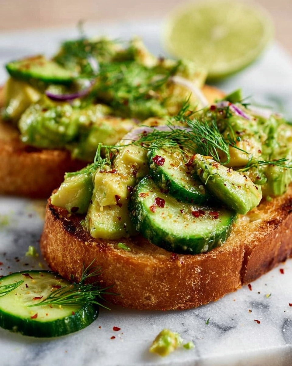 The image shows two thick slices of golden toasted bread stacked on a white marbled surface, topped with a mix of chunky, bright green avocado pieces and thin cucumber slices. The toast is sprinkled with red chili flakes and garnished with small sprigs of fresh dill and thin slices of red onion. There is a slice of lime blurred in the background, with another slice of cucumber resting on the white marbled surface near the toast. Some avocado has fallen off the toast onto the surface. The overall look is fresh and colorful, with a mix of creamy and crunchy textures visible. Photo taken with an iphone --ar 4:5 --v 7