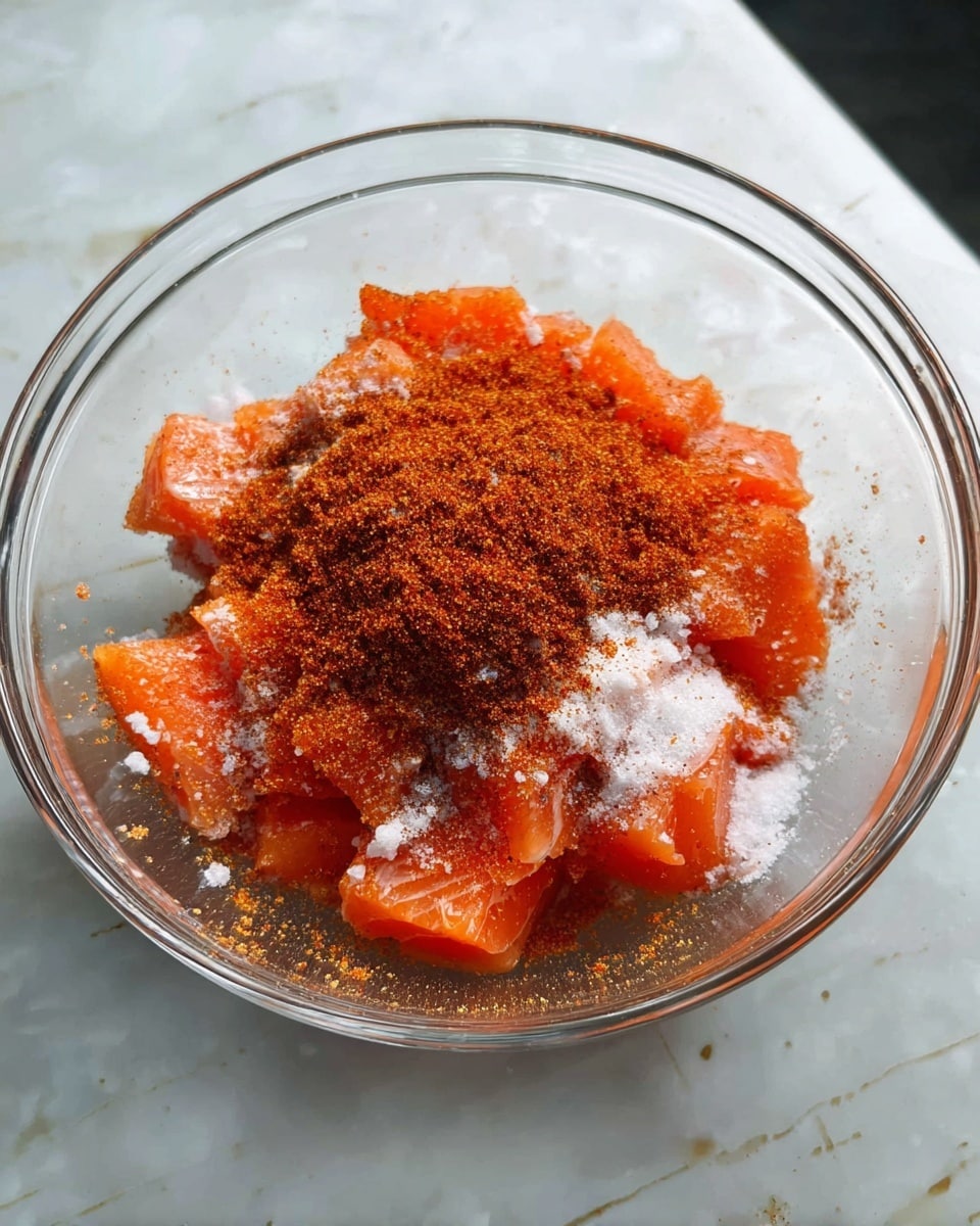 A clear glass bowl sits on a white marbled surface, filled with chunks of raw salmon in a bright orange color. The salmon pieces are topped with a layer of white salt granules and a generous heap of reddish-brown seasoning powder, giving the dish a textured and colorful look. The bowl is slightly reflective, showing parts of the salmon and spices inside, all captured with sharp clarity. Photo taken with an iphone --ar 4:5 --v 7