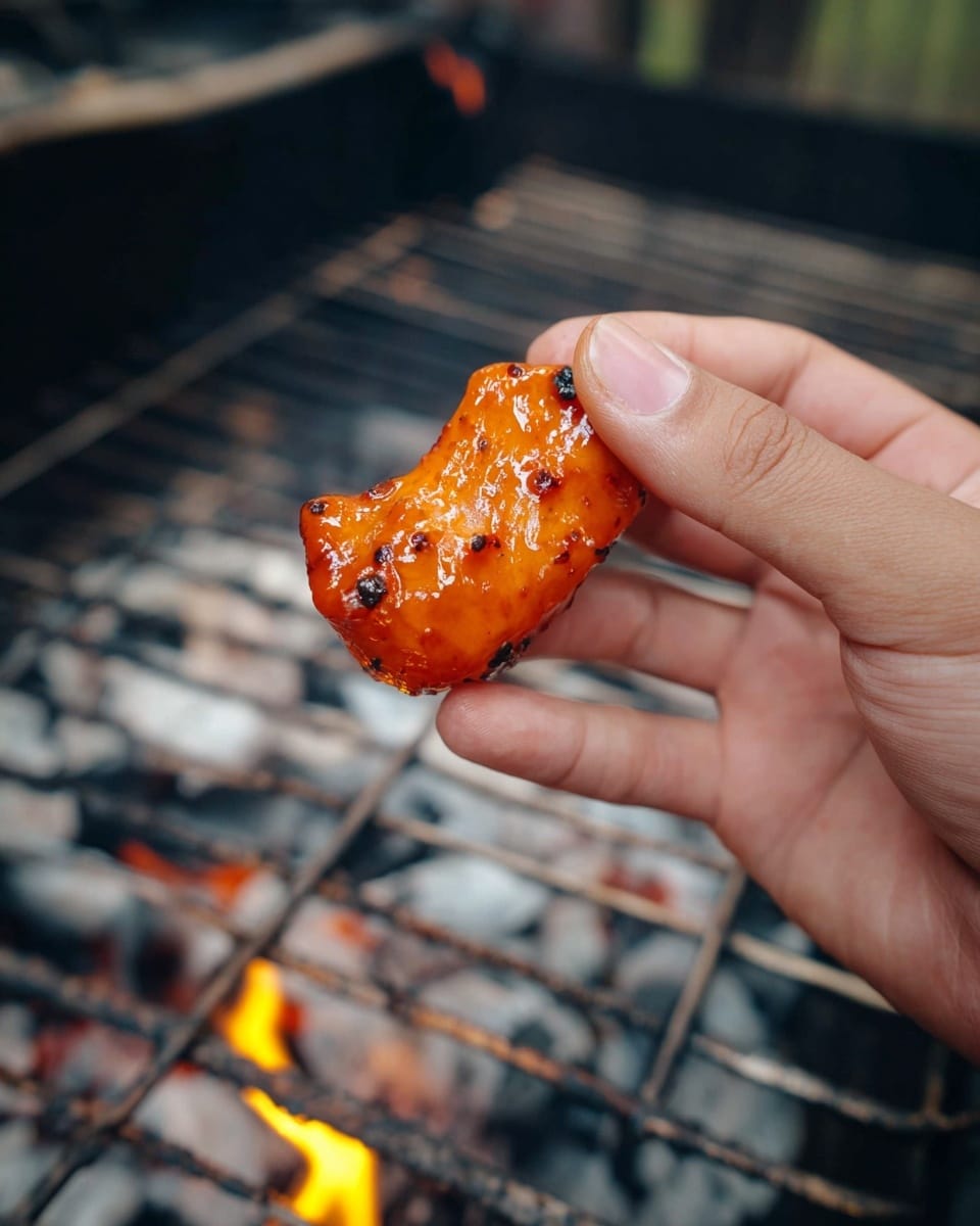 A close-up of a woman's hand holding a small piece of grilled food coated in shiny orange sauce, showing a smooth and slightly glazed texture with small charred spots, held above a grill with visible metal grates, some glowing embers, and a small yellow flame, all set against a background of white marbled texture photo taken with an iphone --ar 4:5 --v 7