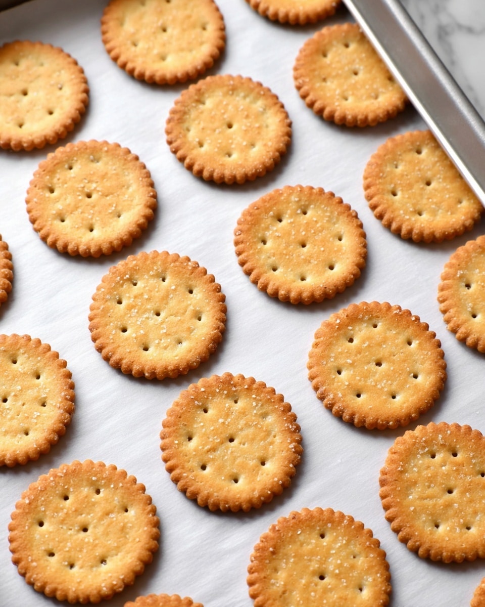 The image shows round, golden brown crackers arranged evenly on a baking tray lined with white parchment paper. Each cracker has small holes in the center and a slightly textured surface with tiny sugar-like grains. The edges of the crackers are slightly darker and ridged, creating a scalloped border. The tray rests on a white marbled surface, and the crackers appear crisp and uniform in size and shape. photo taken with an iphone --ar 4:5 --v 7