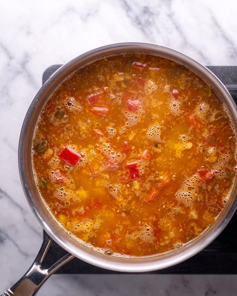 A silver pot filled with thick, bubbling stew sits on a stovetop, showing a mix of orange, red, and brown colors with visible chunks of vegetables like red peppers floating on the surface. The stew has a rich, textured look with frothy bubbles rising and a few pieces of herbs scattered. The pot handle is shiny and metallic, contrasting with the white marbled surface beneath. photo taken with an iphone --ar 4:5 --v 7