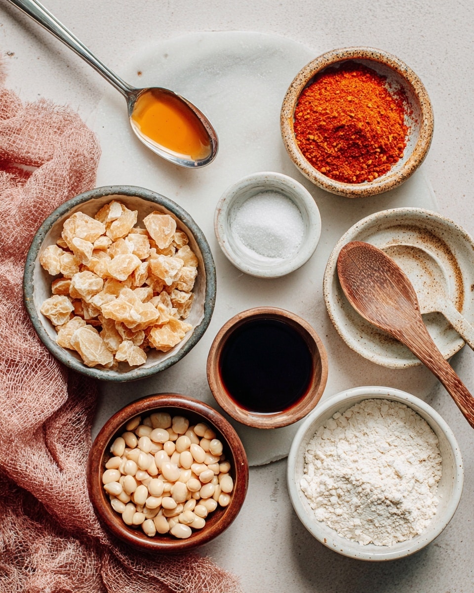 The image shows a close-up of several small white bowls arranged on a white marbled surface, each bowl filled with different cooking ingredients. Starting from the top, a metal spoon holds a small amount of amber liquid on the left, and a wooden spoon on the right is filled with bright red spice powder. In the center, a round white bowl is filled with fine white salt, next to a small white bowl with a dark soy sauce. Below, a dark white bowl contains light beige textured chunks, and to the left, a wooden bowl with light brown flakes and a wooden spoon resting on top. Continuing down, there is a rustic brown bowl filled with smooth, pale beans, and near the bottom right corner, a white bowl holds some white flour. A textured pink cloth is partially visible in the lower left corner. Photo taken with an iphone --ar 4:5 --v 7