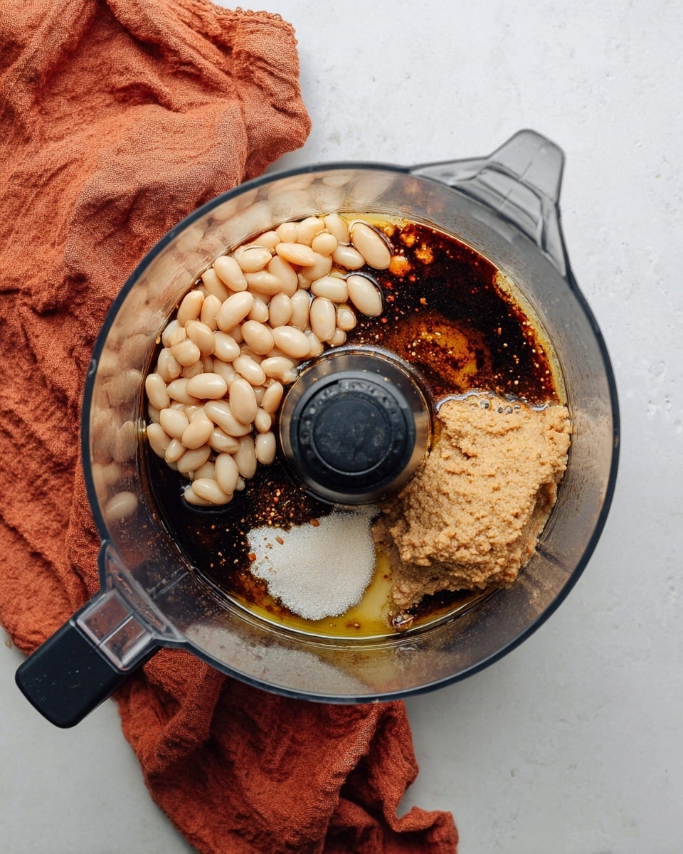 A clear food processor bowl with a black center blade holds four main layers: a cluster of pale beige beans on the upper left side, a dark brown liquid with spices covering the bottom and right side, a tan textured paste mixed with some white powder placed near the center-right, and a light golden oily liquid pooling on the bottom left. The bowl sits on a white marbled surface next to a crumpled rusty orange cloth. photo taken with an iphone --ar 4:5 --v 7