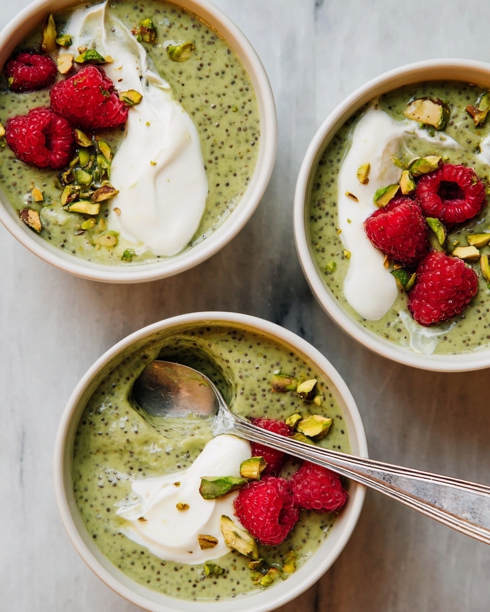 Three white bowls are filled with a thick green pudding that has small black chia seeds mixed throughout. Each bowl has white cream swirled on top in irregular patches. Bright red raspberries and small pieces of green pistachios are scattered on the cream, adding texture and color contrast. One bowl has a silver spoon resting inside, scooping some of the green pudding. The bowls sit on a white marbled surface. photo taken with an iphone --ar 4:5 --v 7