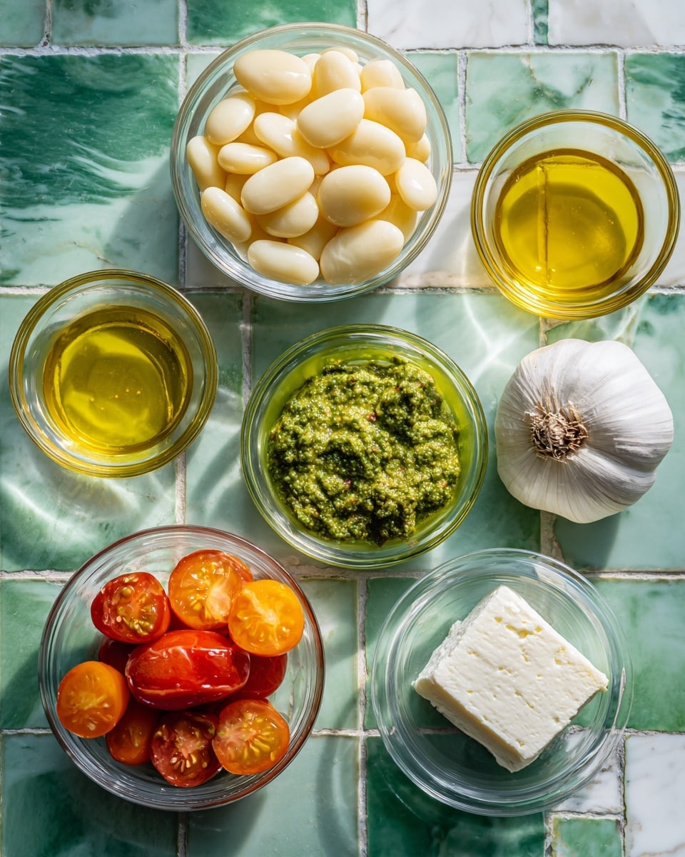 The image shows six ingredients arranged on a green tiled surface. Two small bowls at the top hold large, pale yellow butter beans. Below them is a small glass bowl filled with green pesto sauce that has a textured, chunky surface. To the right is a small glass bowl with golden yellow oil that looks smooth and shiny. A whole garlic bulb with white papery skin is placed on the surface near the center. At the bottom left, a clear glass bowl is filled with red and orange cherry tomatoes that have smooth, shiny skin, some sliced in half showing the juicy inside. To the right of the garlic and oil bowls, there is a small clear glass bowl with a block of white cream cheese with a soft texture. The background is changed to a white marbled texture. photo taken with an iphone --ar 4:5 --v 7