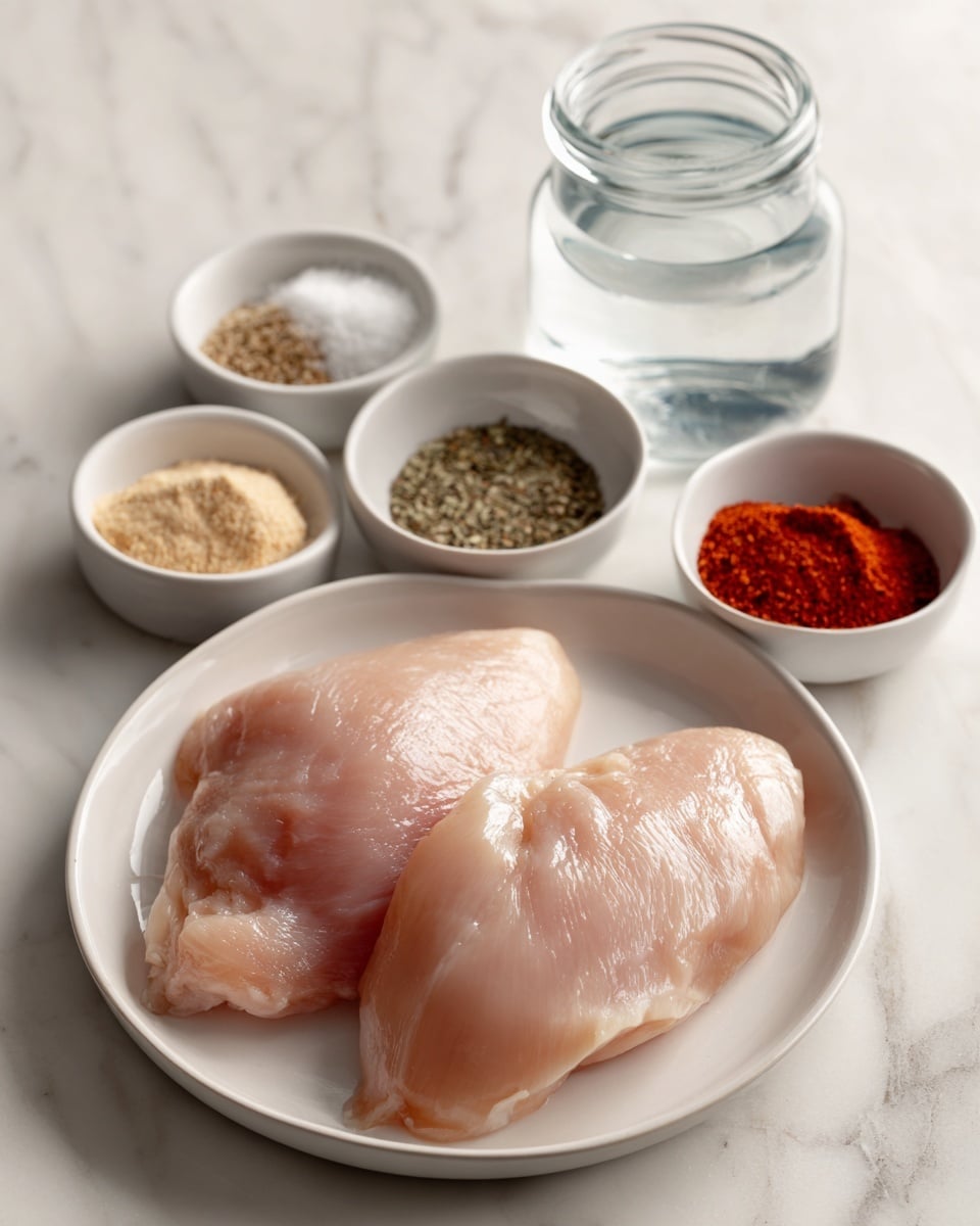 A white round dish with two large pieces of raw boneless skinless chicken breast, placed side by side. Around the dish are small white bowls holding different spices: one with light beige onion powder, another with light beige garlic powder, a third with a mix of dried oregano and bright red smoked paprika, and the last with white salt and black pepper. Behind the bowls is a clear glass jar filled with water. All items are set on a white marbled surface, arranged neatly for an organized cooking prep scene photo taken with an iphone --ar 4:5 --v 7