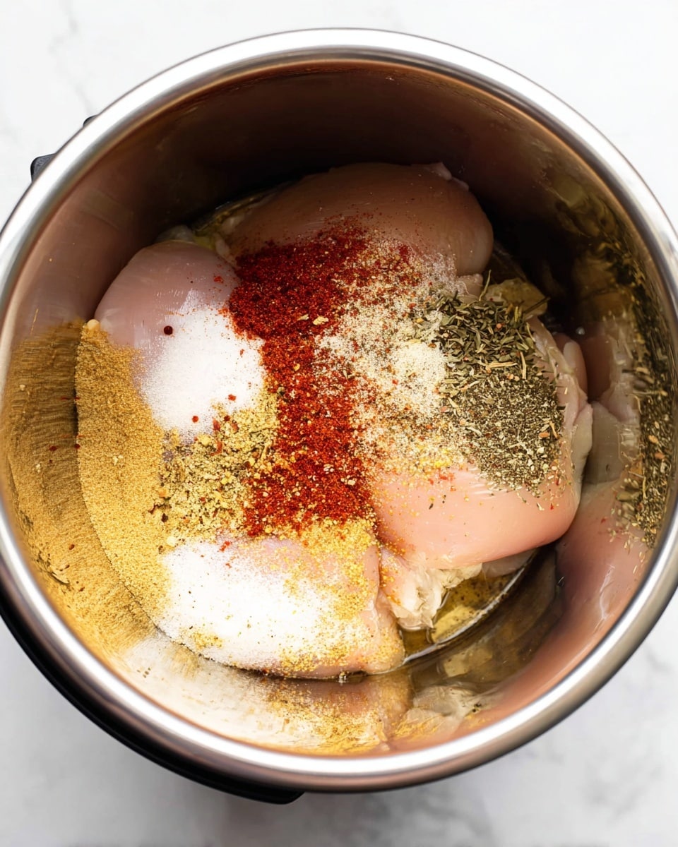 Inside a shiny metal pot, there are two pieces of raw light pink chicken placed at the bottom center. They are covered with a layer of different spices that form a patchy layer on top: white salt, black pepper, red paprika, yellow garlic powder, and greenish dried herbs. The inner surface of the pot reflects the chicken and spices. The pot is resting on a white marbled surface. Photo taken with an iphone --ar 4:5 --v 7