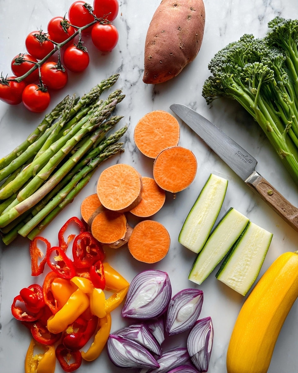 The image shows a round wooden cutting board filled with vibrant grilled vegetables layered in a visually appealing way: bright red cherry tomatoes on the left, two long grilled zucchini slices with dark grill marks in the middle, large orange sweet potato rounds with charred stripes towards the right, and thick wedges of purple-red grilled onions scattered on top of the sweet potatoes and zucchini. Small green herb leaves are sprinkled across the vegetables for a fresh touch. At the bottom right corner, part of a white bowl filled with green herb sauce is visible. The whole setup rests on a white marbled textured surface. photo taken with an iphone --ar 4:5 --v 7