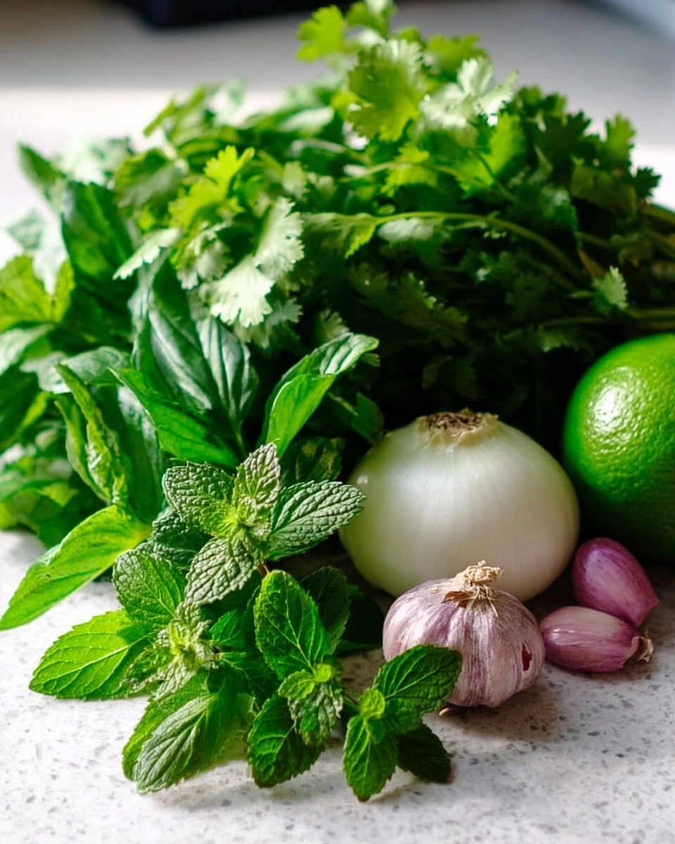 A close-up of fresh green herbs including cilantro, mint, and basil, arranged in a group along with a whole green lime, a white onion, three small purple garlic cloves, and a small piece of ginger root. The items are placed on a white marbled surface, showing bright and crisp textures of the leafy greens and the smooth surfaces of the lime, onion, and garlic. The background is blurred softly with a kitchen setting. photo taken with an iphone --ar 4:5 --v 7