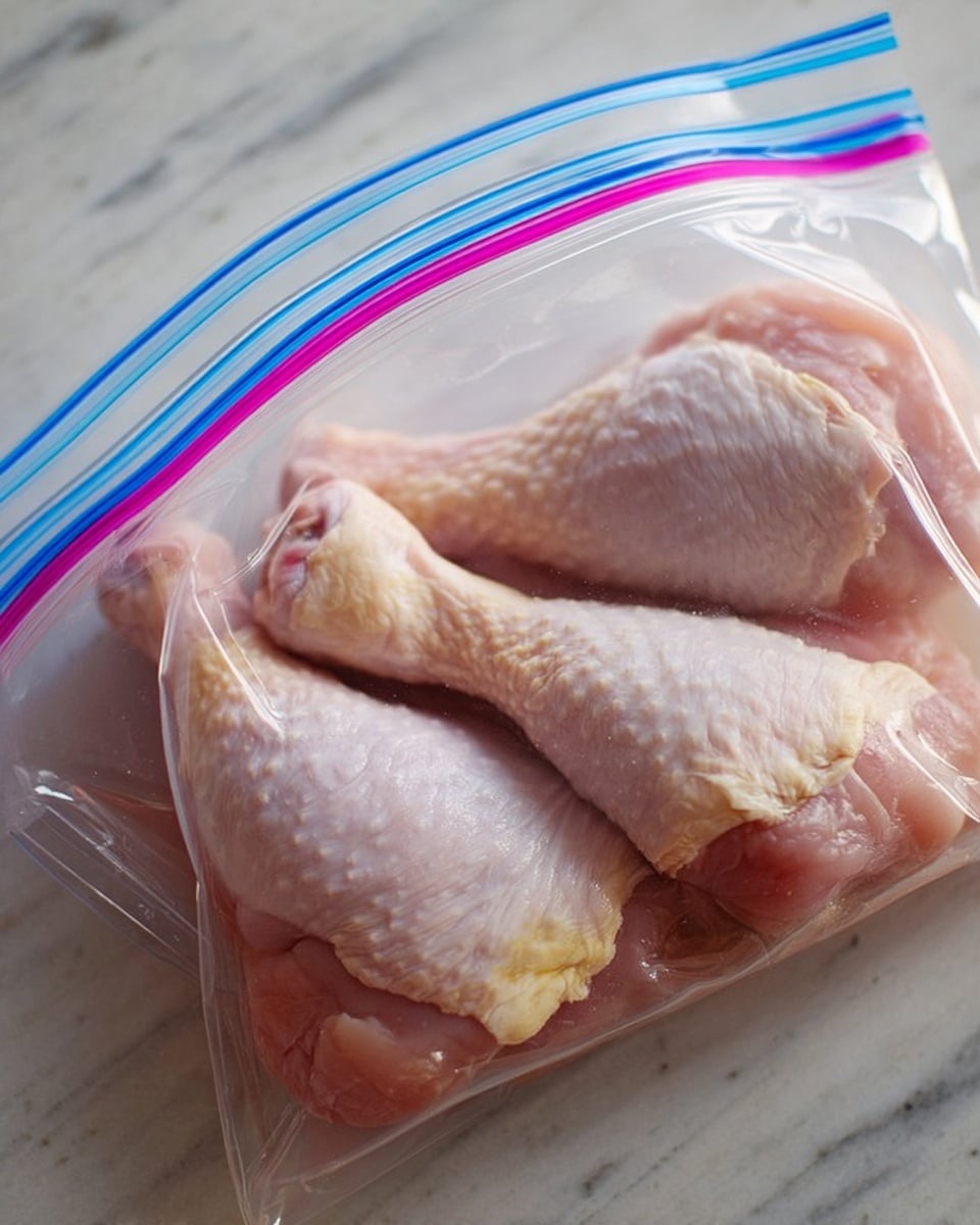 The image shows two raw chicken legs inside a clear plastic zip-lock bag, placed on a white marbled surface. The chicken legs have pale pink skin with some visible texture and slight yellow fat areas on the edges. The clear bag has a blue and pink seal at the top, and the chicken legs fit snugly inside, with one leg overlapping the other slightly. Photo taken with an iphone --ar 4:5 --v 7