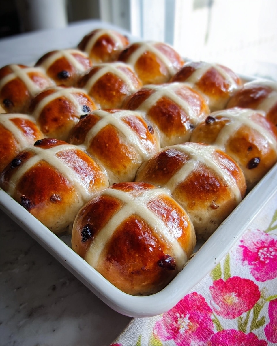 The image shows four glossy hot cross buns on a silver baking tray lined with white parchment paper. Each bun is round with a golden-brown top that has a pale beige cross marking made from dough or icing. The buns have a shiny, smooth surface that reflects light, emphasizing their fresh and soft texture. The silver tray is placed on a table with a white marbled surface, and a part of a floral cloth with red and green colors is visible at the bottom left corner. photo taken with an iphone --ar 4:5 --v 7
