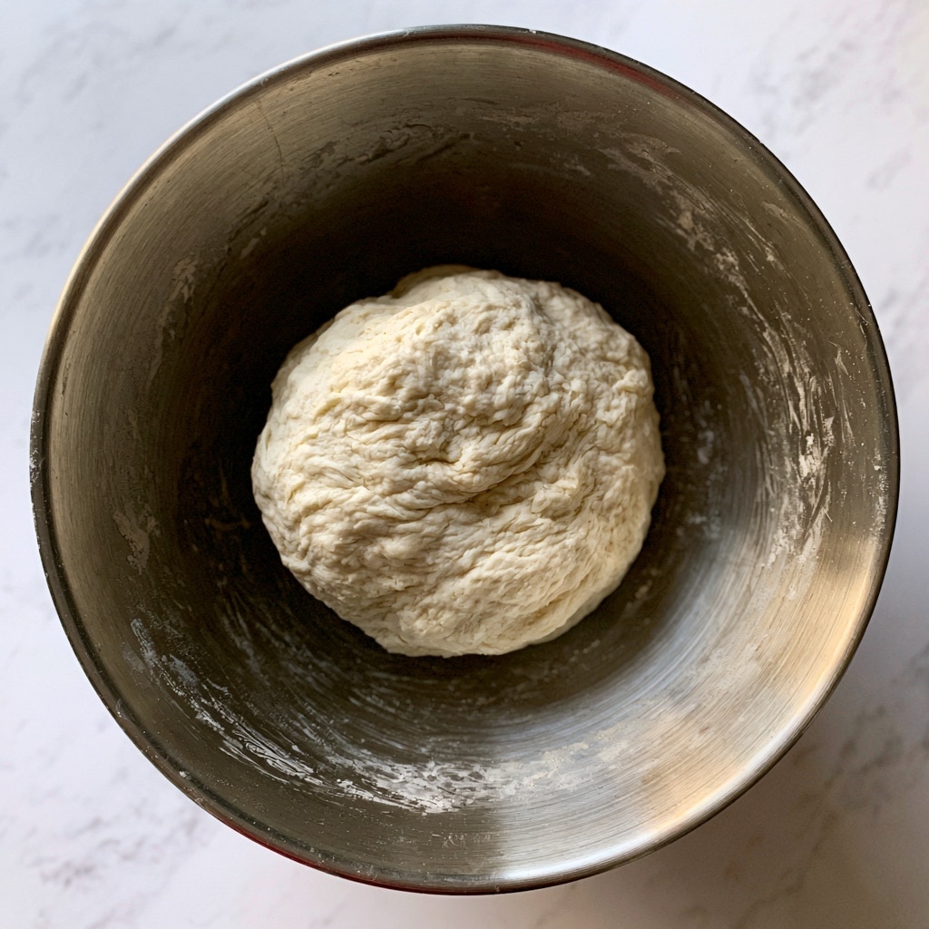 The image shows a single round ball of dough resting inside a metal bowl with a smooth and slightly shiny surface. The dough is pale cream in color with a soft, slightly wrinkled texture, and it fills the bottom center of the bowl. The inside of the bowl has some flour dusting and some marks from mixing, visible along the sides. The background is a white marbled texture. photo taken with an iphone --ar 4:5 --v 7