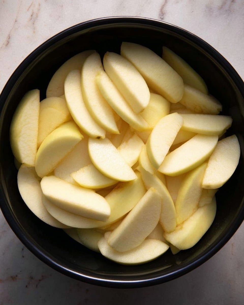 A black bowl filled with many slices of peeled apple. The apple slices are light yellow and have smooth, slightly curved shapes, stacked loosely and covering the whole bowl. The bowl sits on a white marbled surface. Photo taken with an iphone --ar 4:5 --v 7