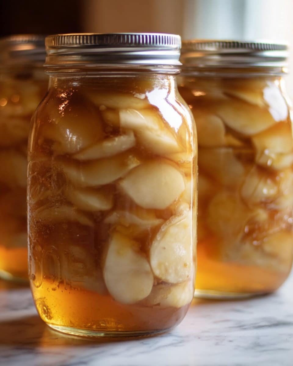 A close-up of a glass jar filled with sliced light beige fruit pieces submerged in a shiny, golden syrup. The jar has a silver metal lid and is full with fruit layered tightly together, suspended in the syrup that glistens under the light. In the background, two more similar jars are slightly out of focus, all placed on a white marbled surface. The image shows the texture of the fruit and syrup clearly with soft warm tones, creating a cozy feeling. photo taken with an iphone --ar 4:5 --v 7