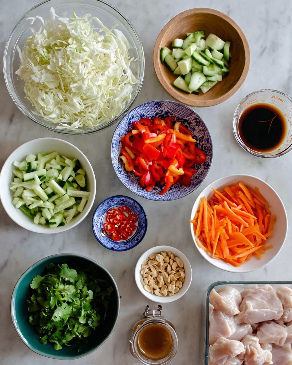 The image shows nine bowls and a container with raw chicken all arranged on a white marbled surface. The bowls hold different ingredients: a large glass bowl with chopped white cabbage, a wooden bowl with sliced green cucumbers, a white bowl with red bell pepper strips, a blue and white bowl with chopped green onions, a deep green bowl with bright orange carrot sticks, a small white bowl with chopped cilantro, a tiny white bowl with red chili slices, a small blue and white bowl with crushed peanuts, a glass measuring cup with dark brown sauce, and a glass jar with light brown liquid. The raw chicken pieces are partly visible in a transparent container on the right side. Photo taken with an iphone --ar 4:5 --v 7