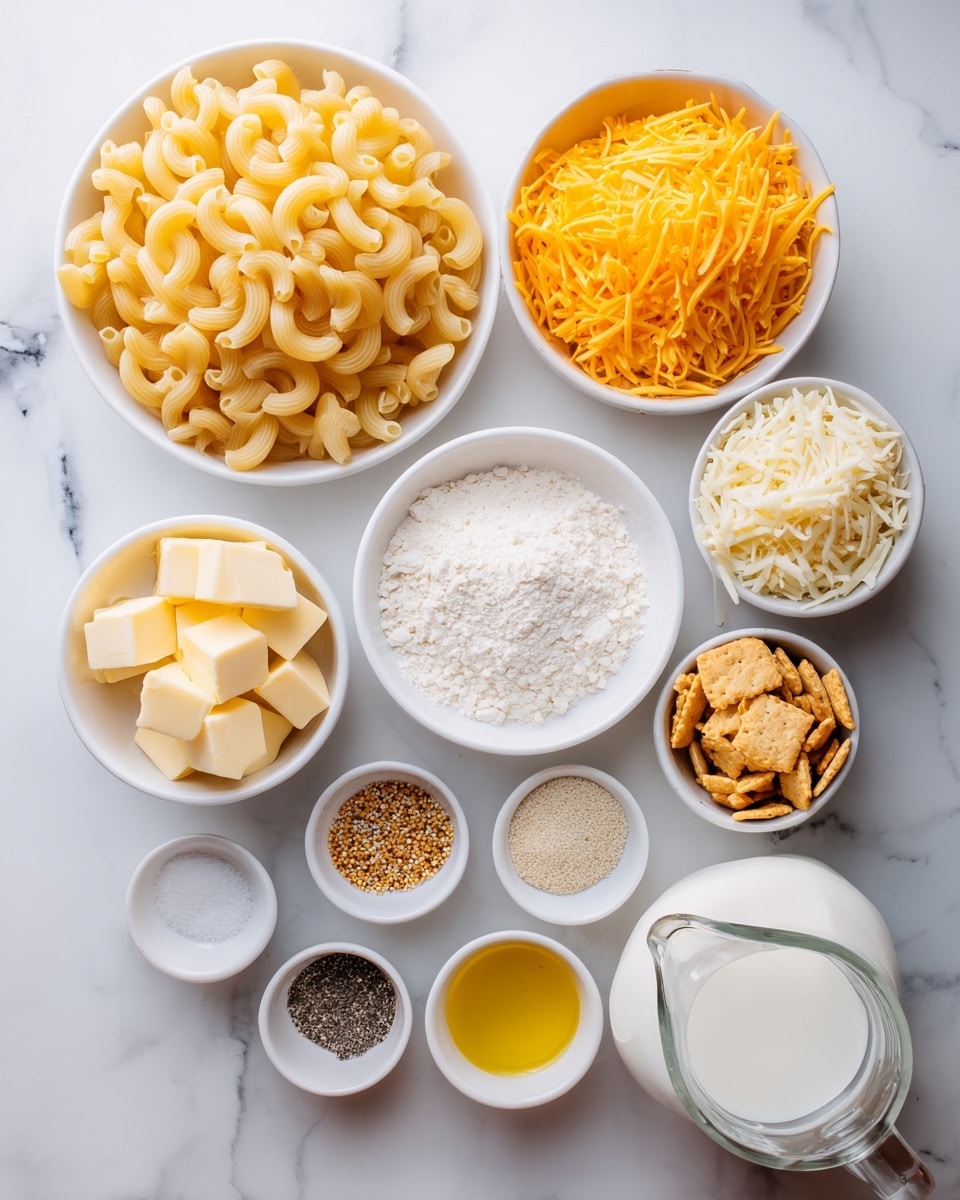 The image shows an arrangement of uncooked ingredients for a recipe, placed on a white marbled surface. At the back are three small piles and two white bowls, from left to right: a mound of uncooked elbow macaroni pasta in pale yellow, a white bowl filled with shredded bright orange cheese, and another white bowl containing shredded white cheese. In front on the left is a small white bowl with cubes of pale yellow butter, followed by a white bowl of white flour in the center. To the right of the flour is a glass measuring jug filled with milk. In the front row, there are six small white bowls with dry ingredients and seasonings: golden crushed crackers, light beige powder, white granulated salt, coarse black pepper, and yellow oil. Everything is neatly arranged and evenly spaced, and a woman's hand is reaching toward the ingredients. Photo taken with an iphone --ar 4:5 --v 7