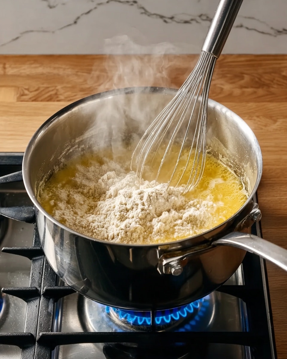 A shiny stainless steel pot sits on a gas stove with a blue flame under it, containing melted yellow butter with white flour being mixed in using a metal whisk. Steam rises from the pot, and the flour is partially mixed into the butter, showing some clumps and some melted parts. The pot handles are visible on both sides, and the background shows a wooden countertop with a white marbled texture surface. photo taken with an iphone --ar 4:5 --v 7