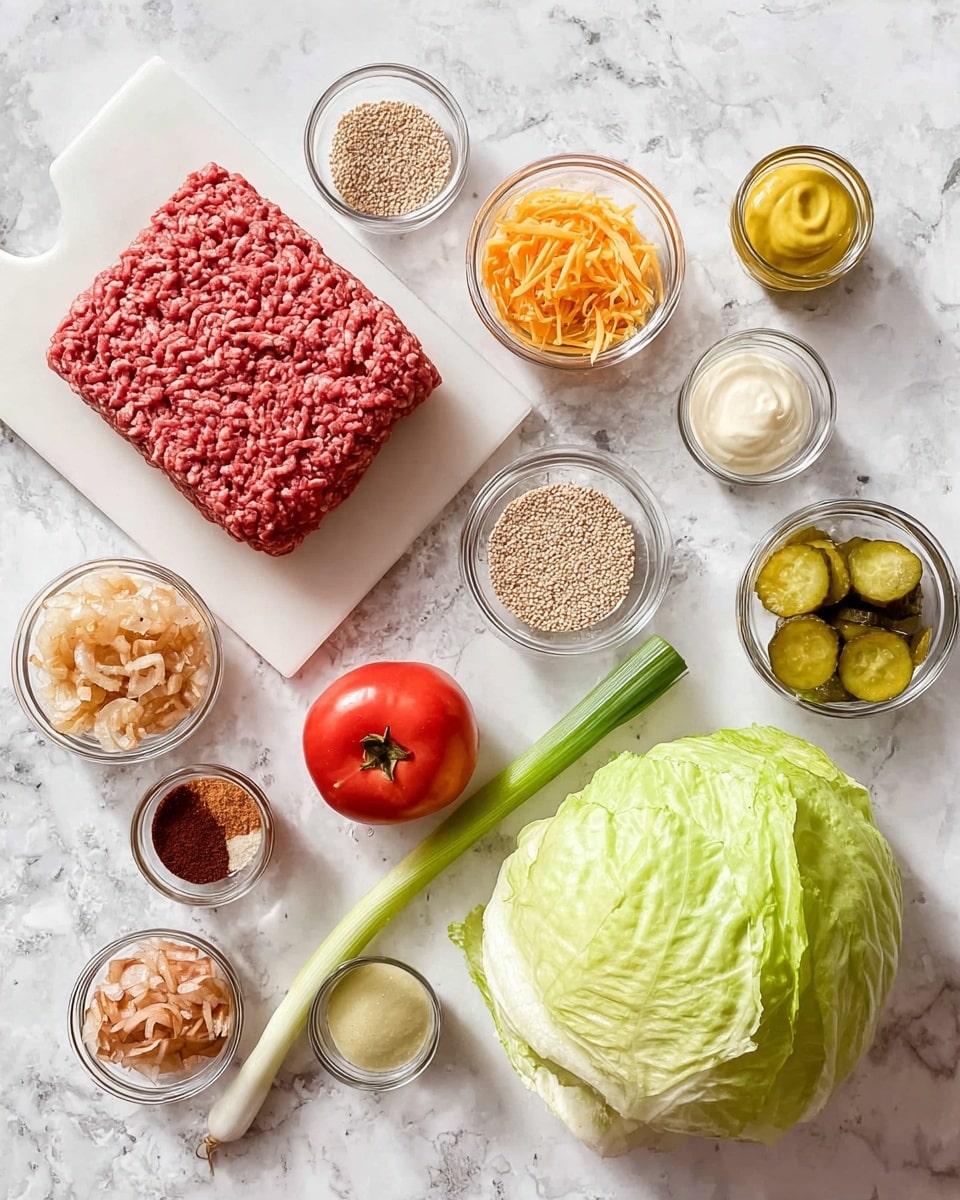 The image shows a white marbled surface with various ingredients arranged neatly. On the left side, a rectangular block of raw ground meat lies on a white cutting board. Nearby, there are small glass bowls filled with sesame seeds, shredded orange cheese, chopped pickles, mustard, and a dark red sauce. At the center, a whole light green onion and a small red tomato are placed next to each other, while on the right side, an iceberg lettuce head is positioned. Around the lettuce, there are more small glass bowls containing pickled cucumber slices, fried onions, mayonnaise, a mix of salt and pepper, and a brown powdered spice. Photo taken with an iphone --ar 4:5 --v 7