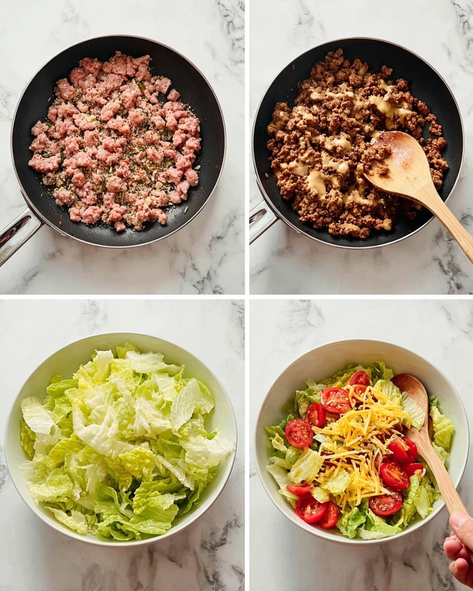 The image shows a step-by-step process of making a taco salad displayed in four frames on a white marbled surface. The first frame on the top left has a black pan filled with raw pink ground meat sprinkled with various seasonings. The second frame on the top right shows the same black pan with the ground meat fully cooked into small brown crumbles, being stirred by a wooden spatula. The third frame on the bottom left features a white bowl filled with roughly torn light green lettuce leaves. The last frame on the bottom right presents the finished salad in a white bowl, layered with green lettuce, cooked brown meat, bright red cherry tomato halves, yellow shredded cheese, and topped with drizzled light tan dressing. A woman's hand holds the wooden spatula in the cooking frame. Photo taken with an iphone --ar 4:5 --v 7