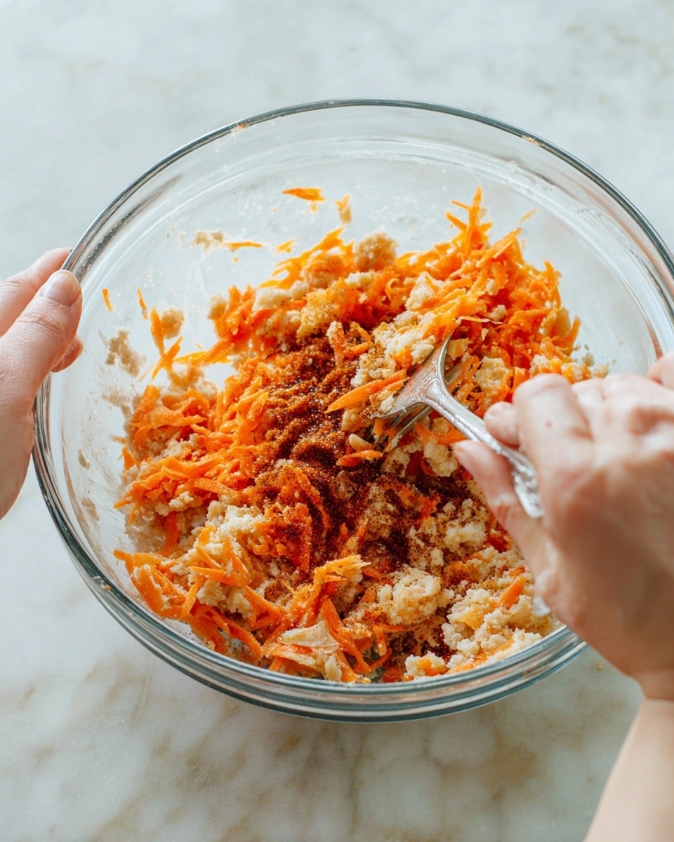 A clear glass bowl contains a mix of light beige ground meat, bright orange shredded carrots, and reddish-brown spices scattered over the top. A woman's hand holds the bowl steady from the bottom right, while another woman's hand stirs the mixture with a shiny silver fork inside the bowl. The mix looks soft and uneven, with visible strands and bits clinging together. The bowl sits on a white marbled surface. photo taken with an iphone --ar 4:5 --v 7