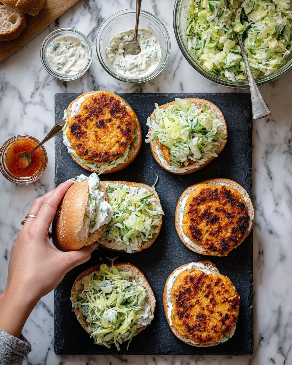 The image shows six open sandwich buns arranged on a dark slate board over a white marbled surface. Each sandwich has two layers: the bottom half is spread with a white creamy sauce with green herbs, topped with shredded light green vegetables mixed with the same sauce. The top halves feature golden brown, crispy patties with a slightly charred surface. A woman’s hand is holding a spoon, placing the vegetable mixture on one sandwich. Nearby, a clear glass bowl with the vegetable mixture and sauce is visible, along with two small glass bowls containing extra sauces, one reddish and one white with herbs. Photo taken with an iphone --ar 4:5 --v 7