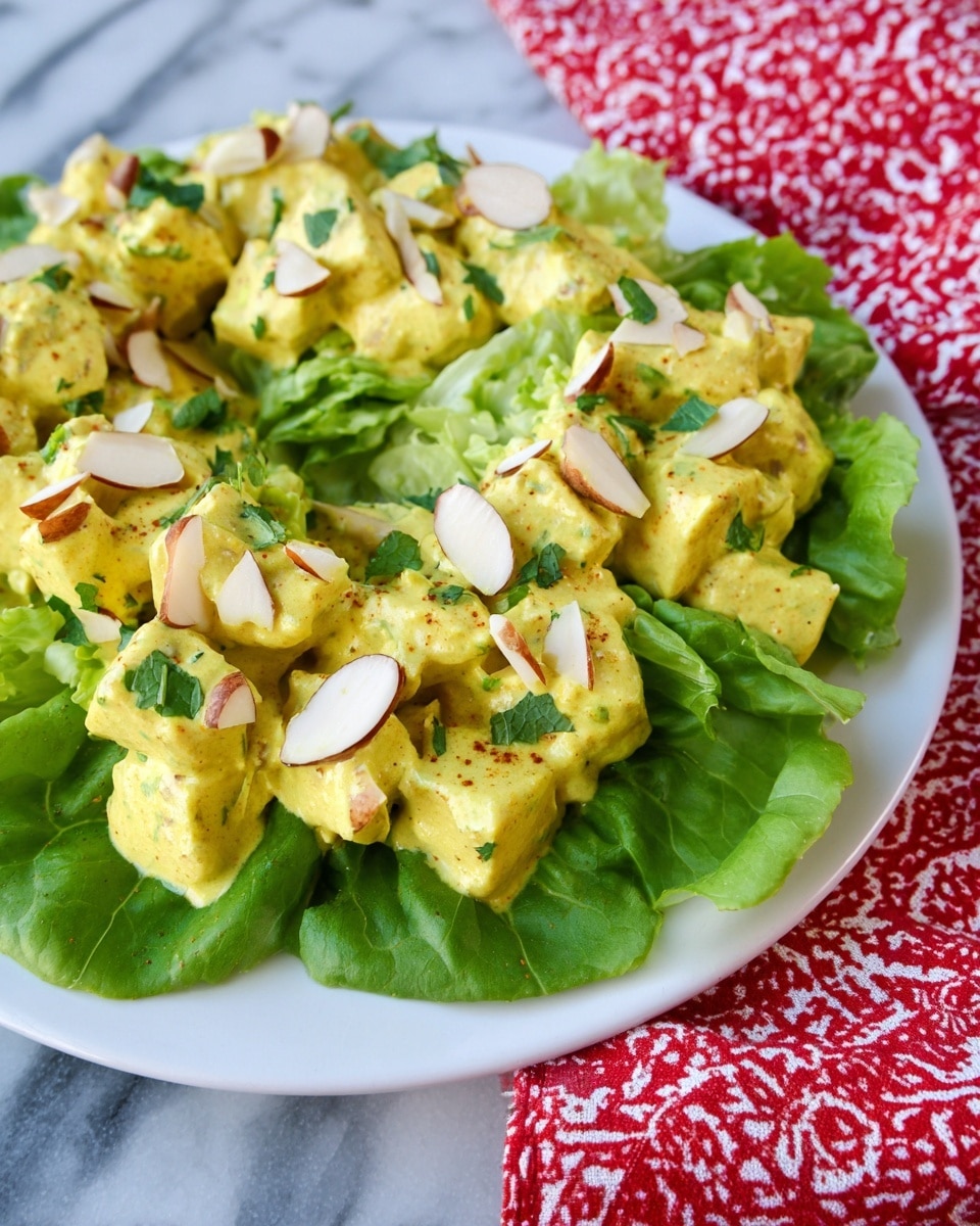 A white plate sits on a white marbled surface with a bed of large, bright green leafy lettuce covering the plate’s base. On top, there are many small cubes of chicken covered in a thick, creamy yellow sauce with visible spices. Thin, oval-shaped almond slices with a light brown edge are scattered evenly over the chicken. Fresh green cilantro leaves are sprinkled on top, adding color contrast and texture. The image is tightly framed, focusing on the rich colors and textures of the dish. photo taken with an iphone --ar 4:5 --v 7